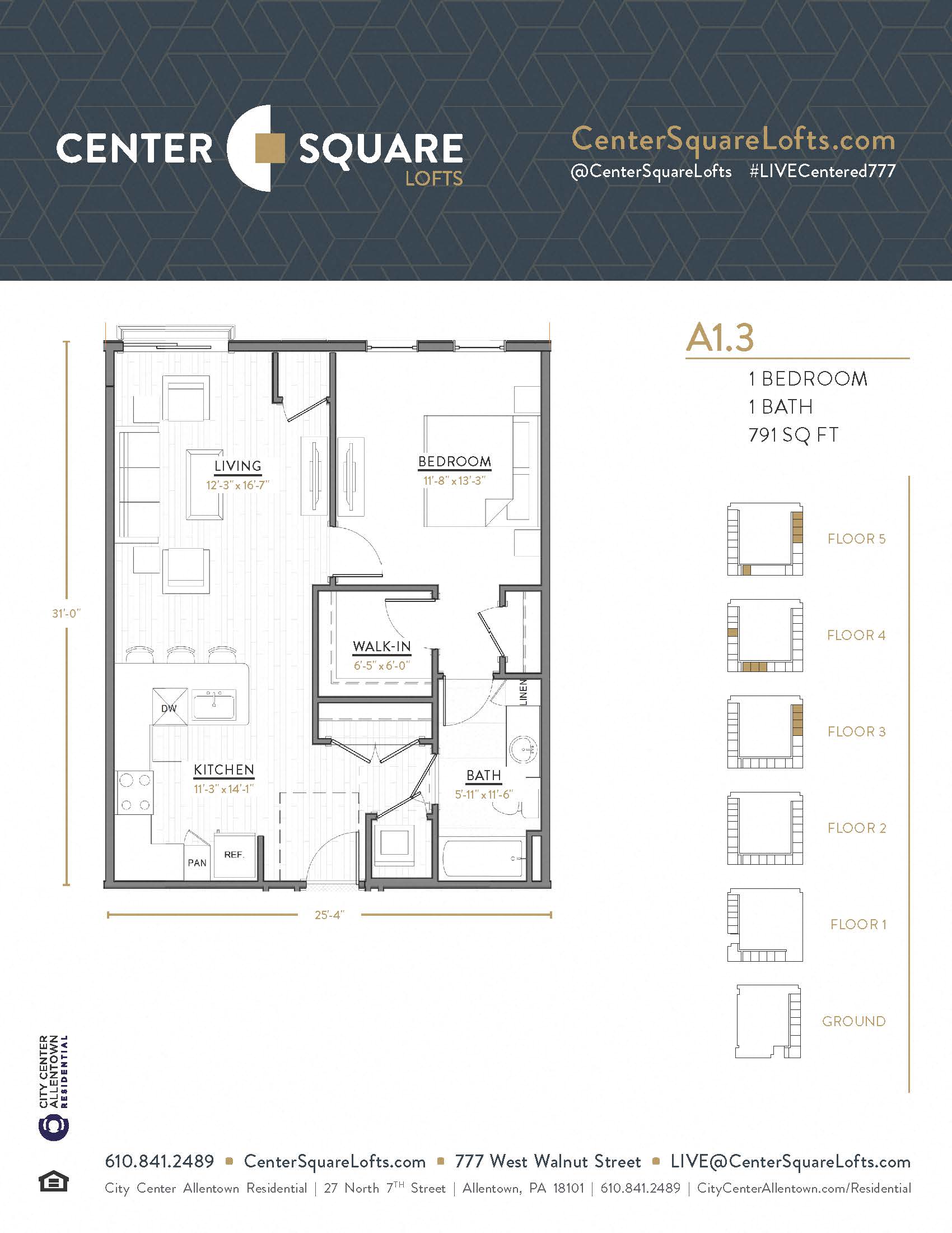 Floor plan for 1 bed, 1 bath, 791 sqft